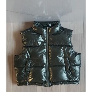New Look Puffer Vest Girls 14-15 Green Shiny Metallic Gilet Outerwear